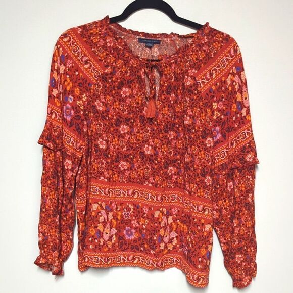 American Eagle Rust Floral Long Sleeve Blouse - Picture 1 of 7